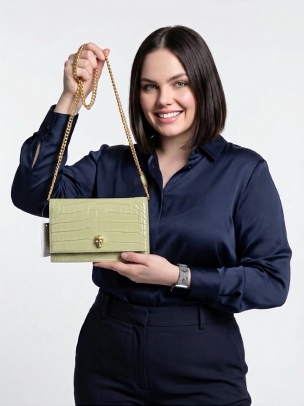 Alexander McQueen Small Skull Bag Sage Green Croc Embossed Leather Gold Skull
